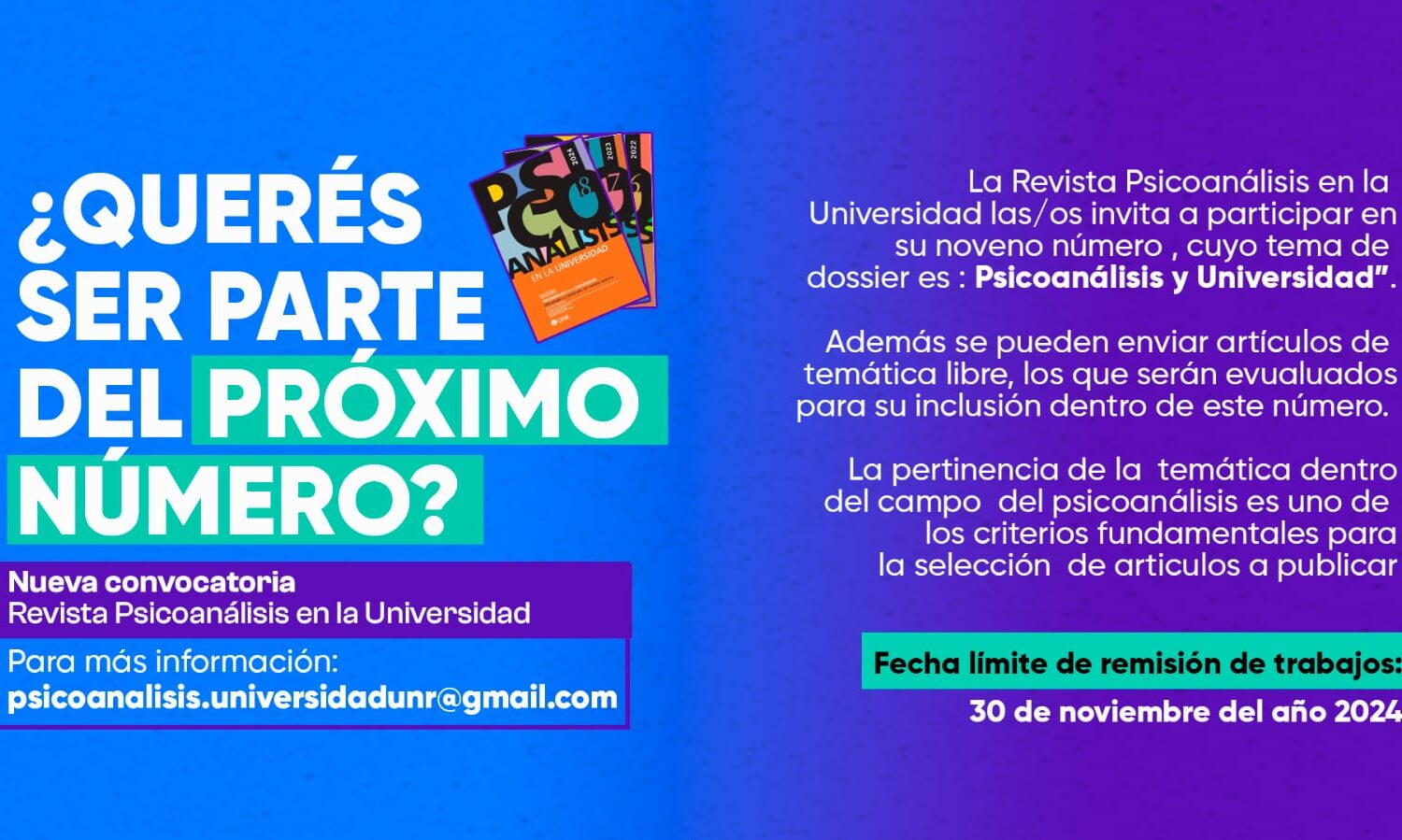 Convocatoria a participar en su 9no número de la Revista Psicoanálisis en la Universidad