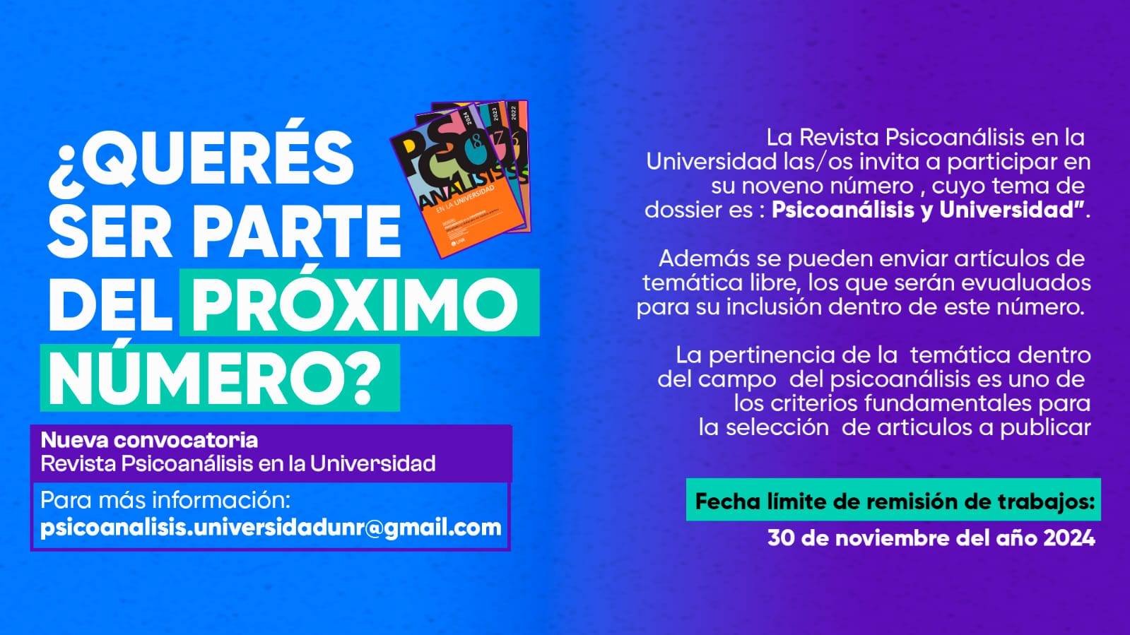 Convocatoria a participar en su 9no número de la Revista Psicoanálisis en la Universidad